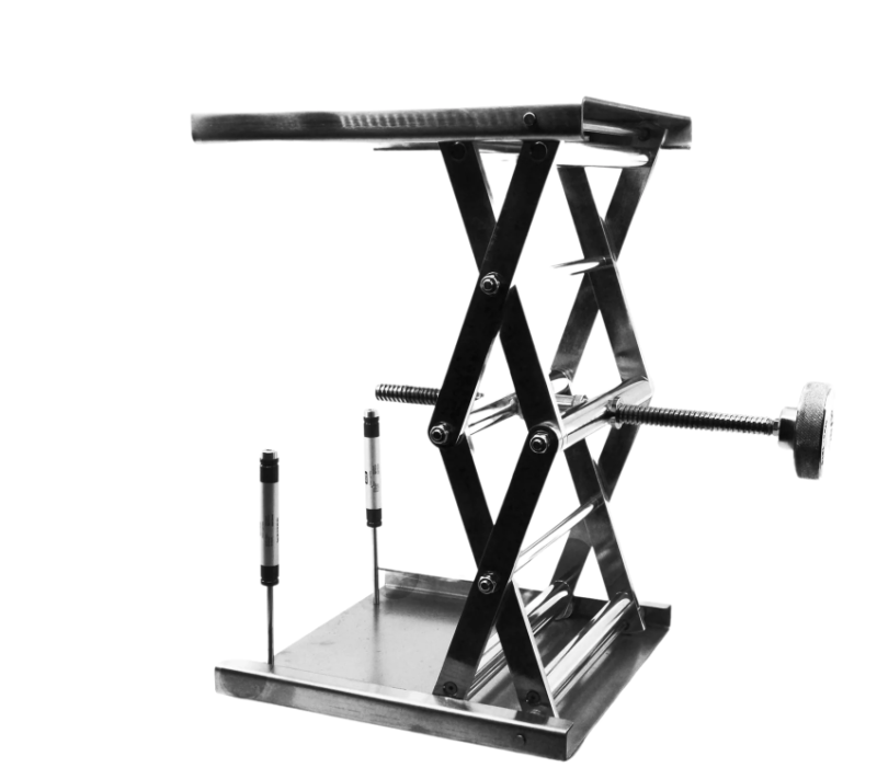 Laboratory and Fabrication Scissor Jack, Extendable with Hand Crank and Rubber Feet Full